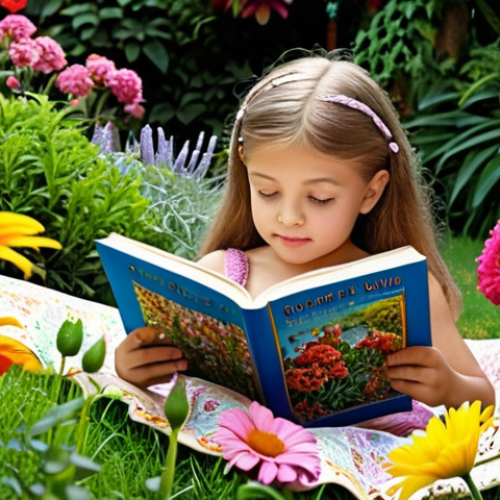 Home 11 A child reading a book in a garden, surrounded by colorful flowers, symbolizing growth and imagination.