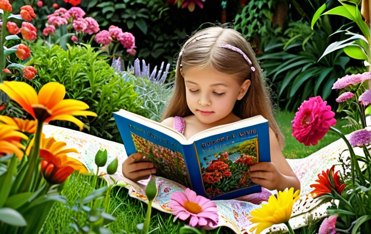 A child reading a book in a garden, surrounded by colorful flowers, symbolizing growth and imagination.