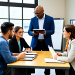 A diverse group of professional reading instructors, fully clothed in modest business casual attire, are gathered in a bright, modern workshop room. They are engaged in a collaborative discussion, with one instructor actively listening to a more experienced mentor. Books, tablets, and learning materials are neatly arranged on tables, symbolizing shared knowledge and continuous learning. Perfect anatomy, correct proportions, natural poses, well-formed hands, proper finger count, natural body proportions, professional photography, high quality, safe for work, appropriate content, fully clothed, professional.