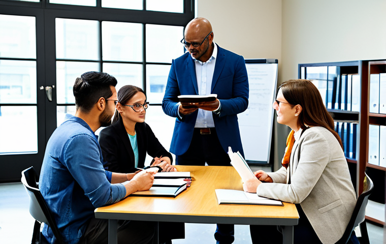 A diverse group of professional reading instructors, fully clothed in modest business casual attire, are gathered in a bright, modern workshop room. They are engaged in a collaborative discussion, with one instructor actively listening to a more experienced mentor. Books, tablets, and learning materials are neatly arranged on tables, symbolizing shared knowledge and continuous learning. Perfect anatomy, correct proportions, natural poses, well-formed hands, proper finger count, natural body proportions, professional photography, high quality, safe for work, appropriate content, fully clothed, professional.